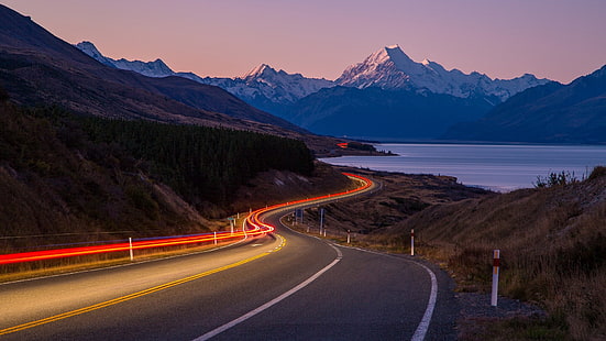 jalur cahaya, paparan panjang, jalan, danau, jalan raya, gunung, pegunungan, perjalanan darat, Wallpaper HD HD wallpaper
