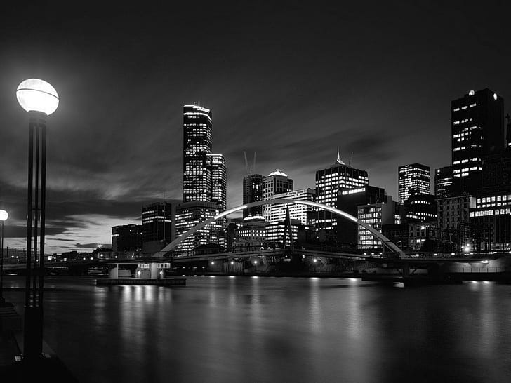 miasto, światła, czarny, biały, woda, rzeka, odbicie, Australia, monochromatyczny, noc, latarnia, pejzaż miejski, Melbourne, Tapety HD