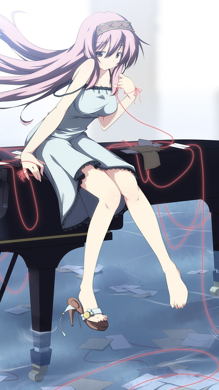 karakter gadis anime mengenakan gaun abu-abu duduk di ilustrasi piano, manga, gadis anime, Wallpaper HD, wallpaper seluler