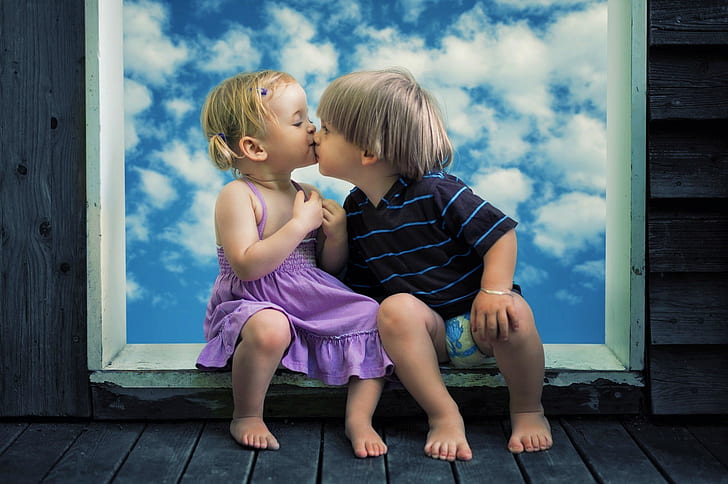 mała dziewczynka, słodka, pocałunek, mały chłopiec, hd, fotografia, Tapety HD