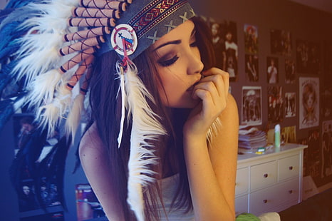 brunette, Headdress, Melanie Iglesias, Native Americans, women, HD wallpaper HD wallpaper