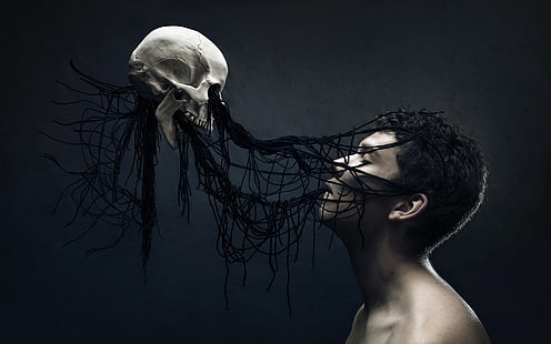 gray skull and man's face, men, digital art, fantasy art, skull, death, spooky, Gothic, HD wallpaper HD wallpaper