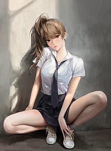  artwork, women, schoolgirl, school uniform, skirt, tie, shirt, blonde, HD wallpaper HD wallpaper