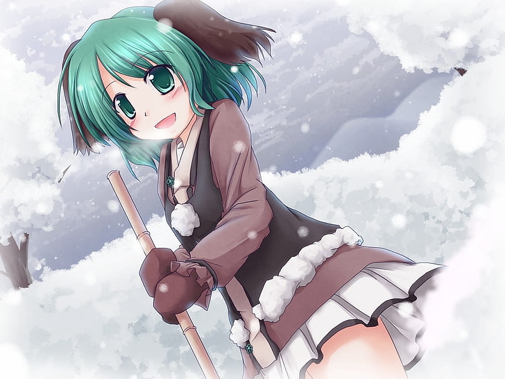 green haired female anime character wallpaper, girl, smiling, winter, snow, joy, HD wallpaper