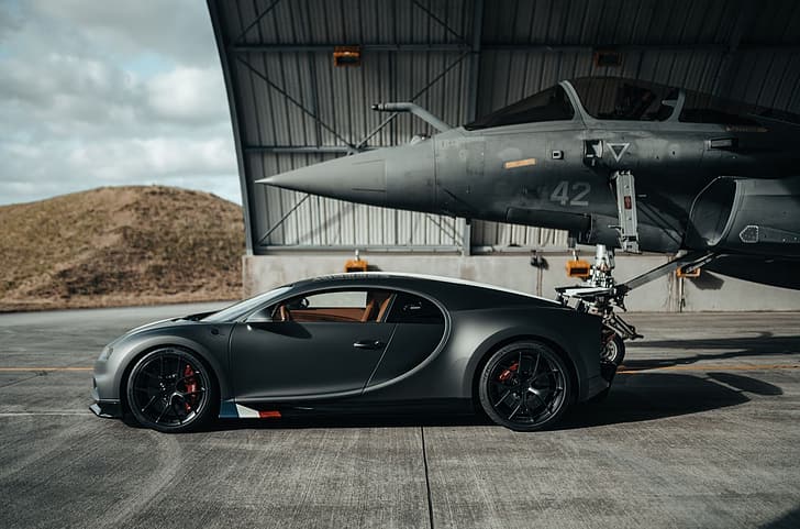 Bugatti, Bugatti Chiron, Dassault Rafale, car, jet fighter, aircraft, HD wallpaper