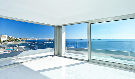 pintu geser berbingkai putih, kaca, desain, rumah, gaya, interior, resor, teras, Ibiza, ruang tamu, apartemen mewah, Wallpaper HD HD wallpaper
