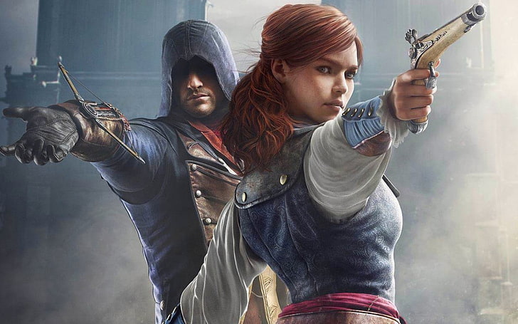 papel de parede de personagens masculinos e femininos, Assassin's Creed: Unity, Arno Dorian, Elise (Assassin's Creed: Unity), videogames, HD papel de parede