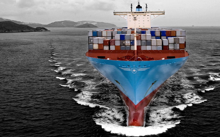 niebieski i czerwony statek wycieczkowy, kontenerowiec, morze, statek, Maersk, fale, Tapety HD