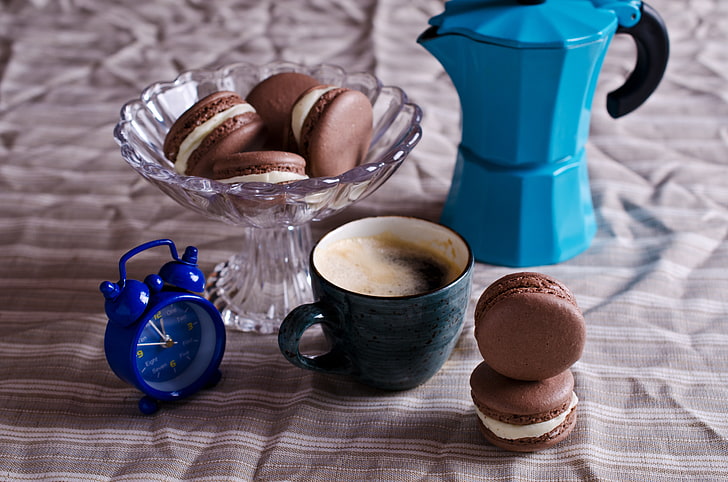 coffee, cookies, Cup, cream, dessert, cakes, coffee cup, macaron, almond, macaroon, HD wallpaper