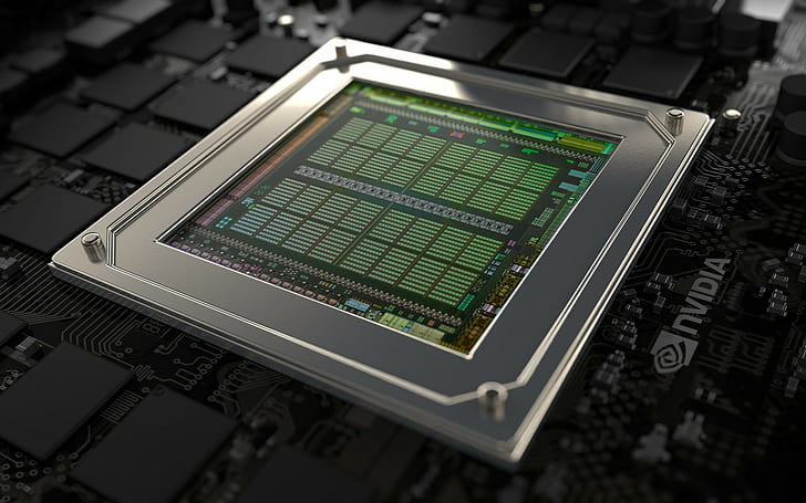 processeur informatique vert et argent, ordinateur, Nvidia, GPU, technologie, Fond d'écran HD