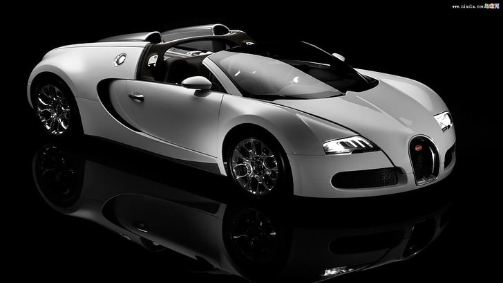 белый Bugatti, спортивное купе, автомобиль, Bugatti Veyron, автомобиль, отражение, HD обои