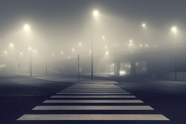 vista da rua, cidade, névoa, iluminação pública, noite, HD papel de parede
