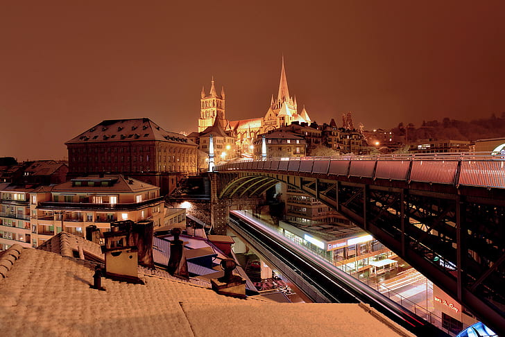 night, bridge, lights, home, Switzerland, Cathedral, Lausanne, HD wallpaper