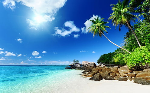 شاطئ الرمال البيضاء على البحر ، الطبيعة ، الاستوائية ، الجزيرة ، الغيوم ، أشجار النخيل ، البحر ، الحجارة، خلفية HD HD wallpaper