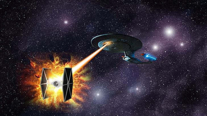 Ilustração de Star Trek USS Enterprise e Star Wars Tie Fighter, humor, Star Wars, Star Trek, lutador de LAÇO, NCC-1701 Enterprise D, HD papel de parede