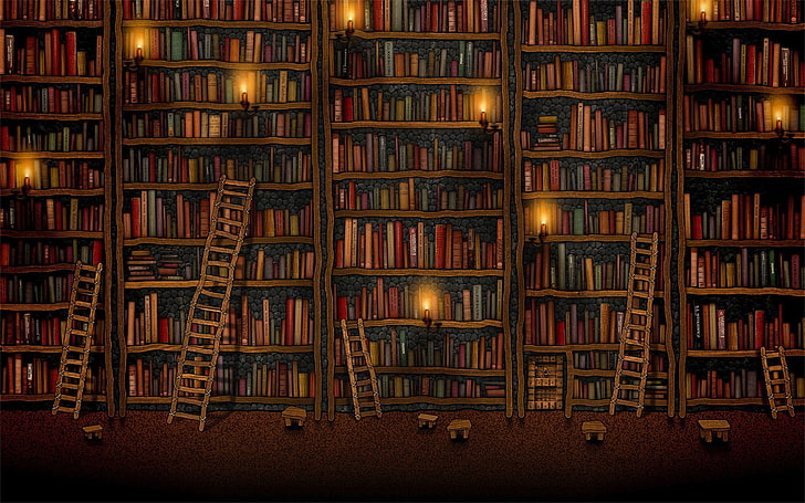 shelves, books, library, candles, ladders, Vladstudio, HD wallpaper