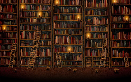 полки, книги, библиотека, свечи, лестницы, Vladstudio, HD обои HD wallpaper