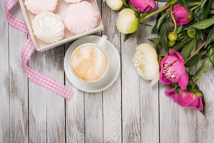 coffee, buds, pink, flowers, romantic, peonies, marshmallows, valentine`s day, HD wallpaper