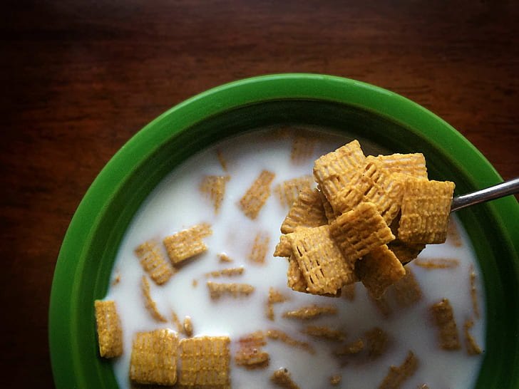 bowl, breakfast, cereal, cereal bowl, chex cereal, food, milk, morning, muesli, pov, spoon, HD wallpaper