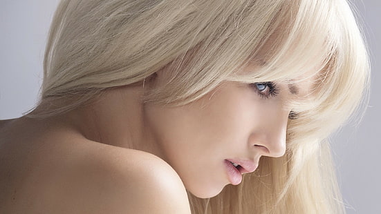 mulheres, loira, olhos azuis, rosto, perfil, cabelos longos, boca aberta, ombros nus, HD papel de parede HD wallpaper