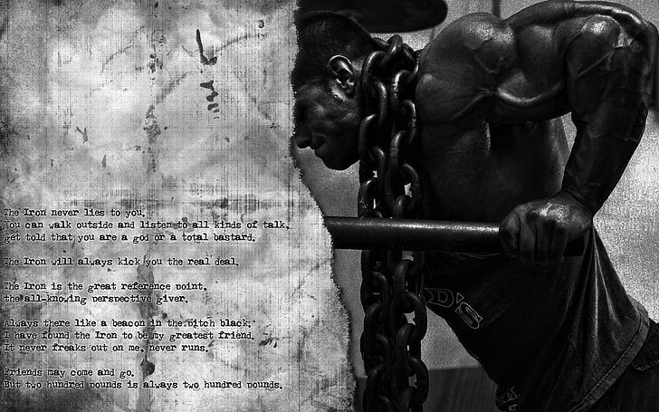 foto in scala di grigi di catena, bodybuilding, allenamento, sport, monocromatico, citazione, Sfondo HD