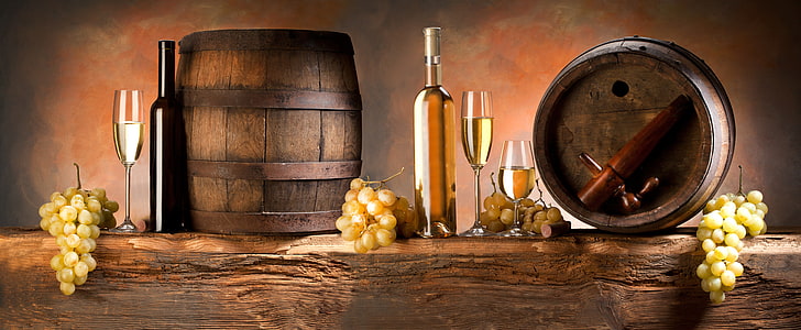 brown barrels and wine bottle painting, wine, white, glasses, grapes, barrels, bunches, HD wallpaper