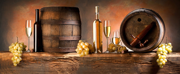 botti marroni e pittura bottiglia di vino, vino, bianco, bicchieri, uva, botti, grappoli, Sfondo HD HD wallpaper