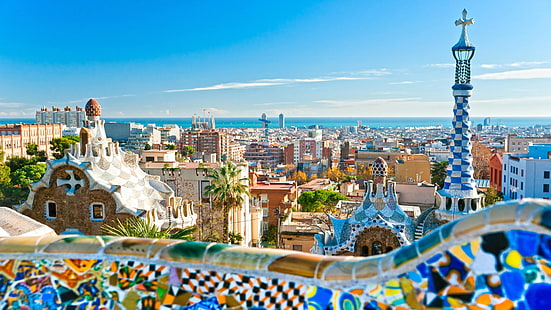 إسبانيا ، برشلونة ، غاودي ، أوروبا ، سيتي سكيب ، السماء الزرقاء ، مشهد مذهل، خلفية HD HD wallpaper
