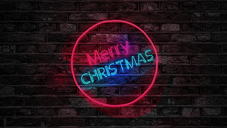 text, neon, light, neon sign, darkness, christmas, night, merry christmas, wall, brick, brickwall, HD wallpaper