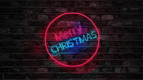 texte, néon, lumière, enseigne au néon, obscurité, Noël, nuit, joyeux Noël, mur, brique, brickwall, Fond d'écran HD HD wallpaper