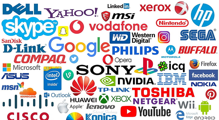 Technologie Logos, Ordinateurs, Autres, marques, marques de logos, hp, compaq, dell, computer, electronics, lenovo, playstation, konica, xerox, Fond d'écran HD