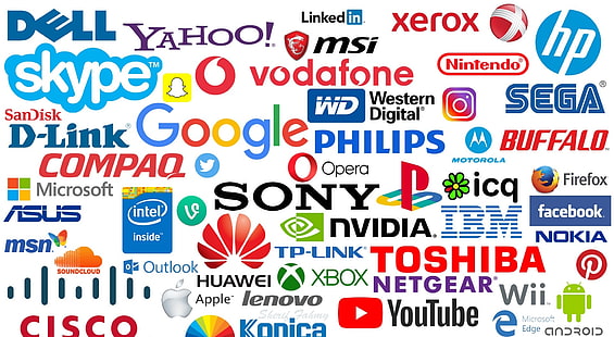 Logo technologii, komputery, inne, marki, logo marki, hp, compaq, dell, komputer, elektronika, lenovo, playstation, konica, xerox, Tapety HD HD wallpaper