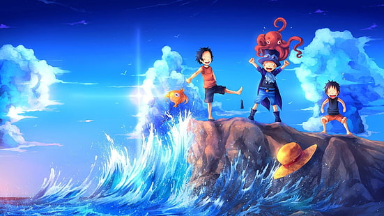 anak-anak, awan, Monyet D. Luffy, One Piece, Portgas D. Ace, laut, langit, tersenyum, Topi Jerami, Bajak Laut Topi Jerami, Wallpaper HD HD wallpaper