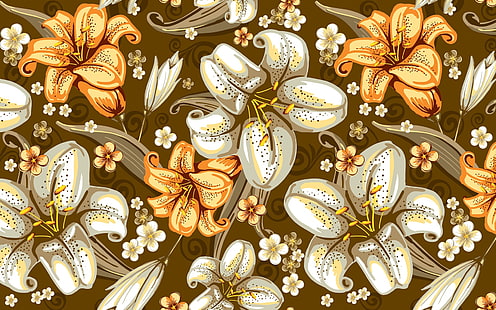 white and yellow floral textile, lilies, background, surface, texture, HD wallpaper HD wallpaper