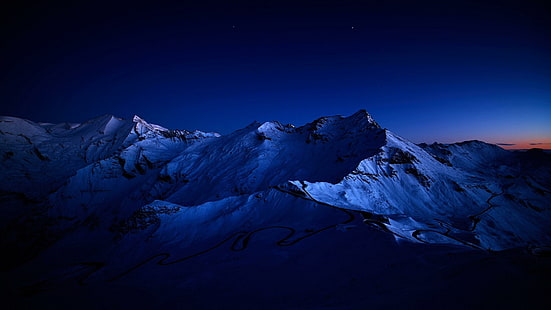 планина, небе, звезда, сняг, връх, тъмнина, нощ, път, ленти, HD тапет HD wallpaper