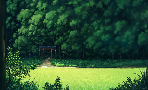 аниме пейзаж, гора, дървета, трева, пътека, живописен, аниме, HD тапет HD wallpaper
