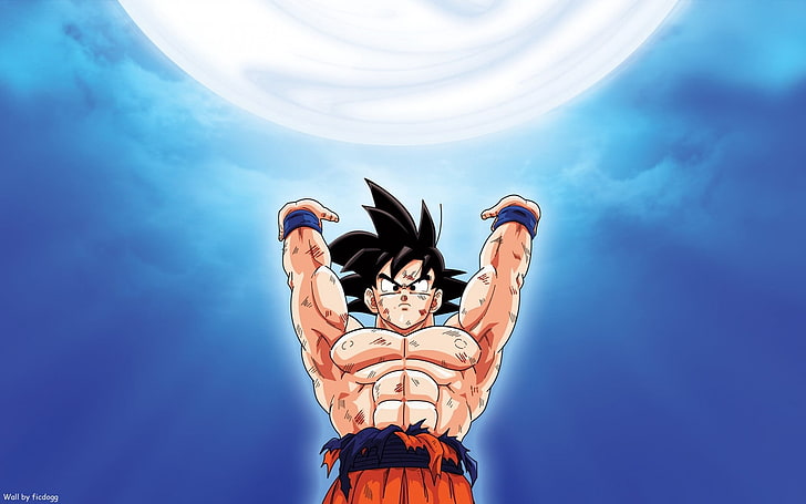 Son Goku of Dragon Ball, boy, goku genkidama, brunette, muscles, moon, force, HD wallpaper