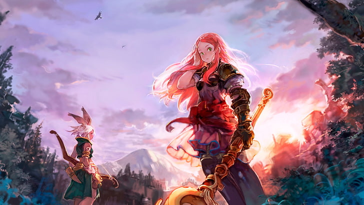 anime, anime girls, sunset, bow, bunny ears, rod, blonde, sky, forest, armor, pink hair, Final Fantasy Tactics, Viera, Final Fantasy, HD wallpaper
