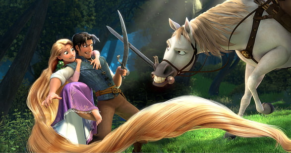 Disney enredados Eugene, Rapunzel y Maximus, dibujos animados, Rapunzel, Pascal, Maximus, Flynn, Fondo de pantalla HD HD wallpaper