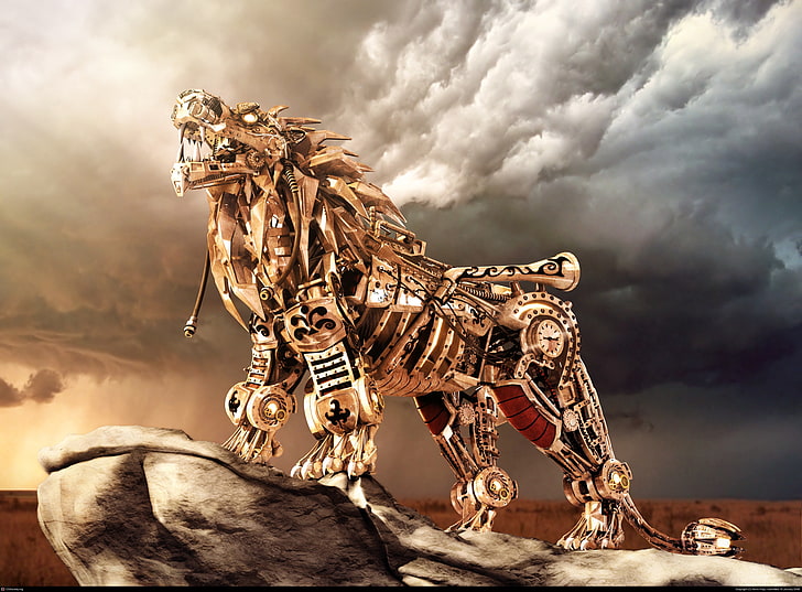 lion, mechanical, robot, steampunk, HD wallpaper