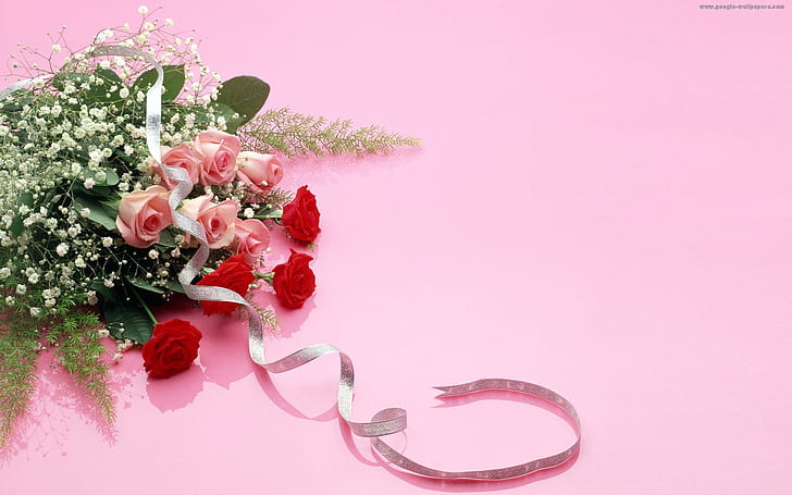 Рози за девет55роза, рози и бебешки дъх букет цветя, рози, букет, красив, розов фон, розов, 3d и абстрактно, HD тапет