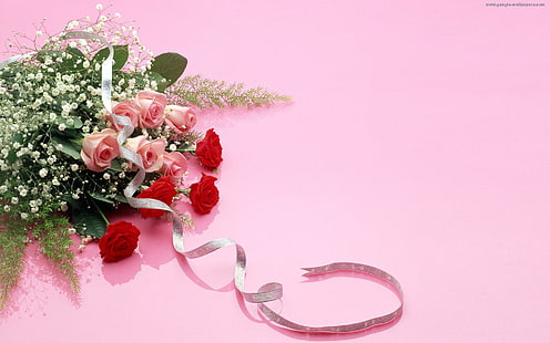 Рози за девет55роза, рози и бебешки дъх букет цветя, рози, букет, красив, розов фон, розов, 3d и абстрактно, HD тапет HD wallpaper