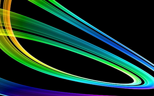 ไฟนีออนสีเขียวและสีม่วงนามธรรมรูปร่างเส้นพื้นหลังสีดำศิลปะดิจิตอล, วอลล์เปเปอร์ HD HD wallpaper