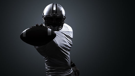 casco, bianco e nero, attrezzatura da calcio, oscurità, monocromo, nfl, calcio, football americano, Sfondo HD HD wallpaper