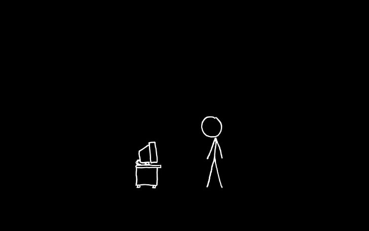 Strichmännchen und Computerzeichnung, schwarzer Hintergrund, Monochrom, Minimalismus, xkcd, HD-Hintergrundbild