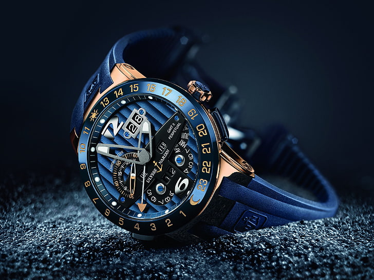 okrągły czarny chronograf, zegarek, luksusowe zegarki, Ulysse Nardin, Tapety HD