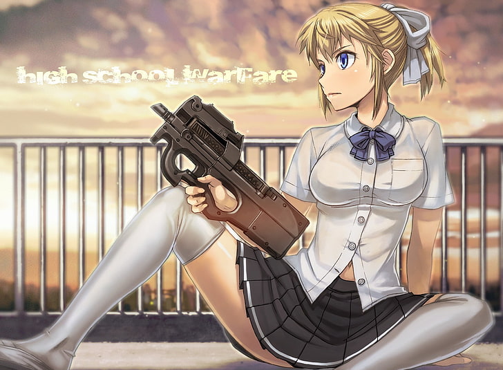 оръжие, аниме, аниме момичета, къса пола, FN P90, високи до коляното, ученичка, HD тапет