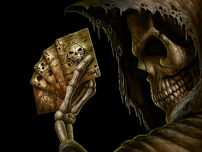 reaper håller fem kort digital tapet, död, kort, skalle, Grim Reaper, svart bakgrund, skelett, poker, fantasy art, cape, dödens hand, HD tapet HD wallpaper