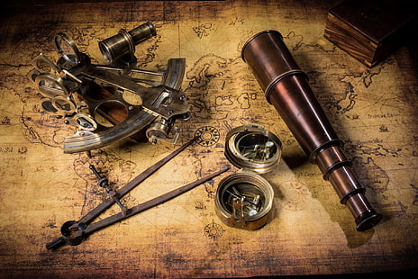 map, pipe, box, treasures, compass, old, telescope, party, sextant, HD wallpaper HD wallpaper