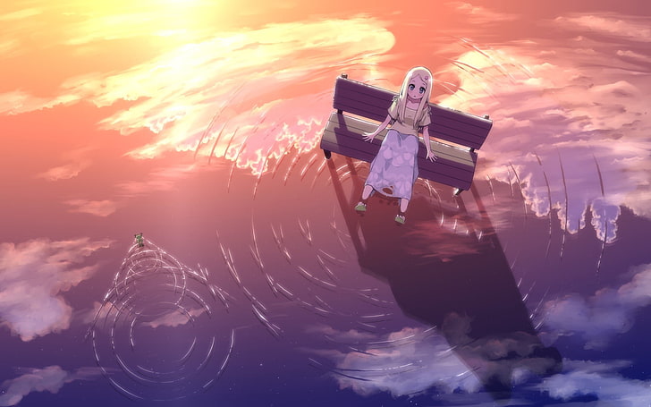 illustration de personnage d'anime féminin, syego, ailes, vagues, eau, réflexion, coucher de soleil, grenouille, Fond d'écran HD